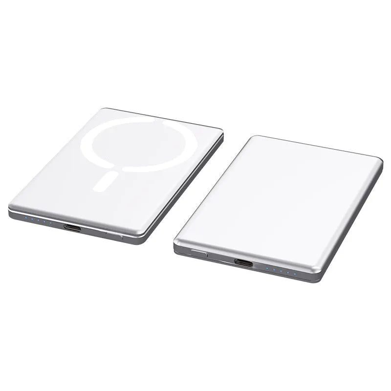 Ultra-thin magnetic power bank with alloy shell in dark grey colour showing compact dimensions