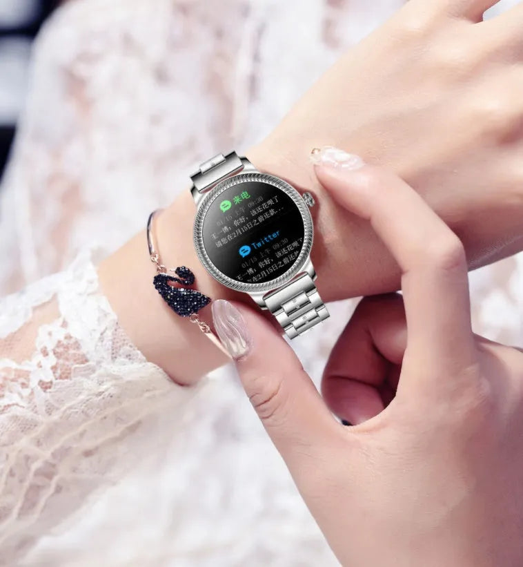 AK38 Ladies Smart Watch with stainless steel band and 1.09-inch TFT touchscreen display