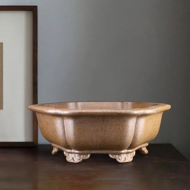 Handmade purple sand bonsai pot showing Large Begonia Basin or Hexagonal Basin style.