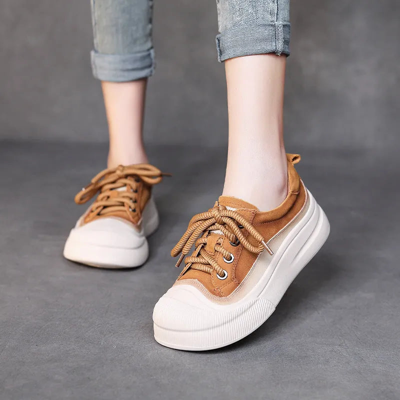 Women's yellow full grain cow leather lace-up casual shoes with round toe