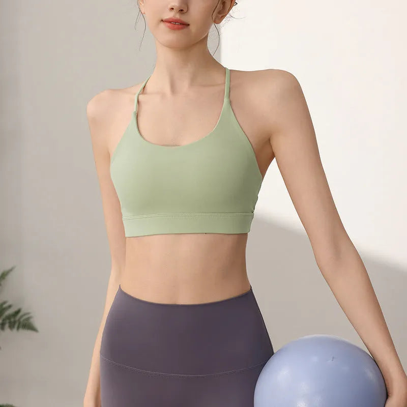 Women's nylon sports vest in sunshine desert colour with fixed double shoulder straps for running and yoga.