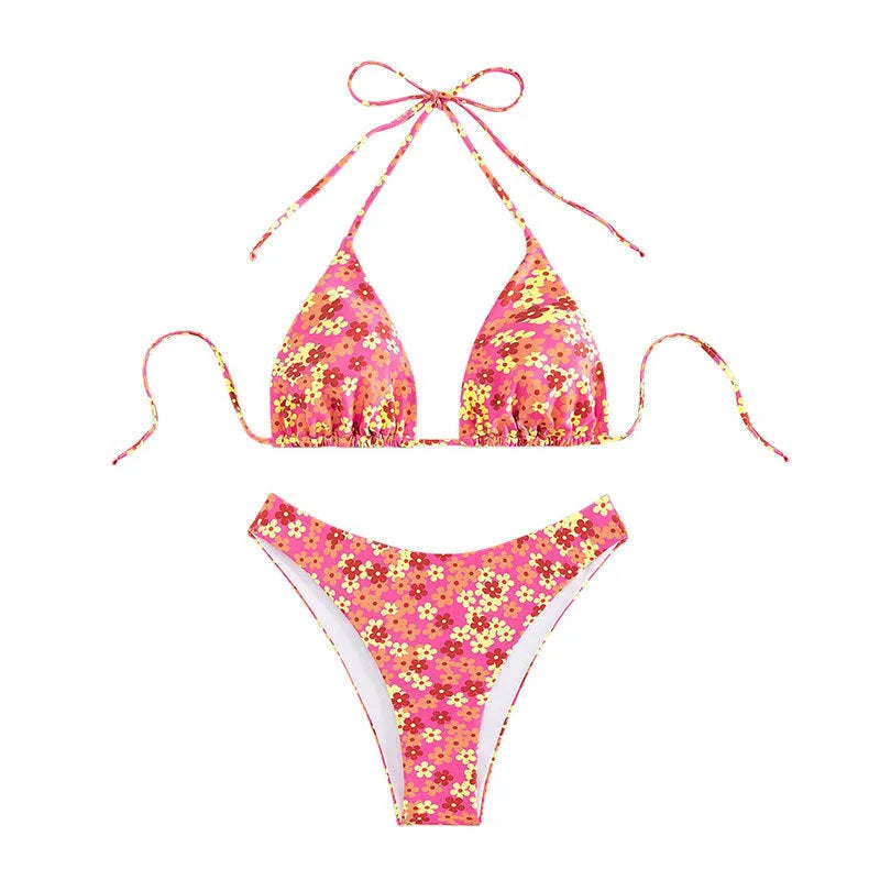 Women's blue printed lace up split bikini set with top and shorts in polyester