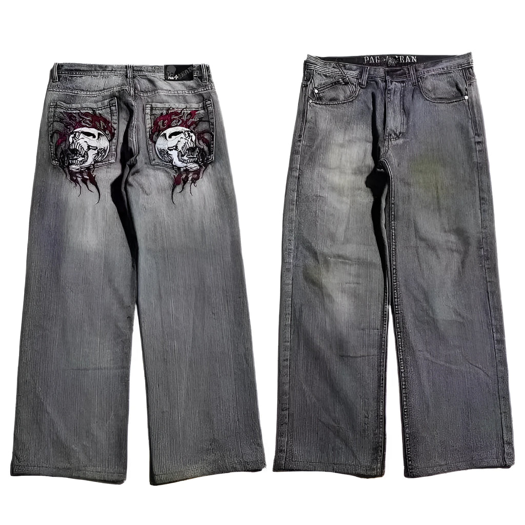 Men's light grey washed-out denim jeans with a wide-leg straight cut and retro workwear style.