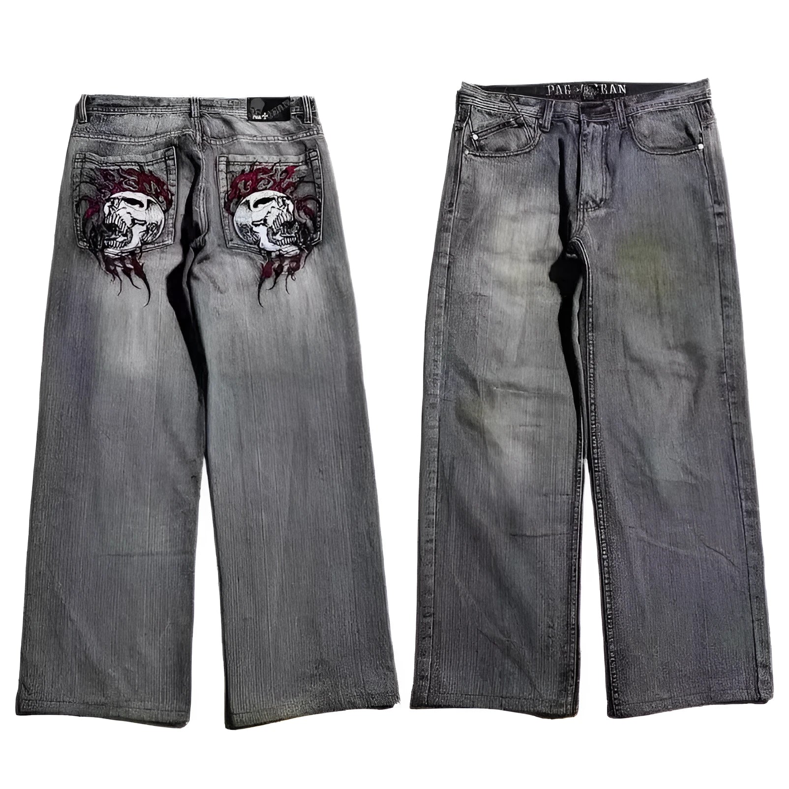 Men's light grey washed-out denim jeans with a wide-leg straight cut and retro workwear style.