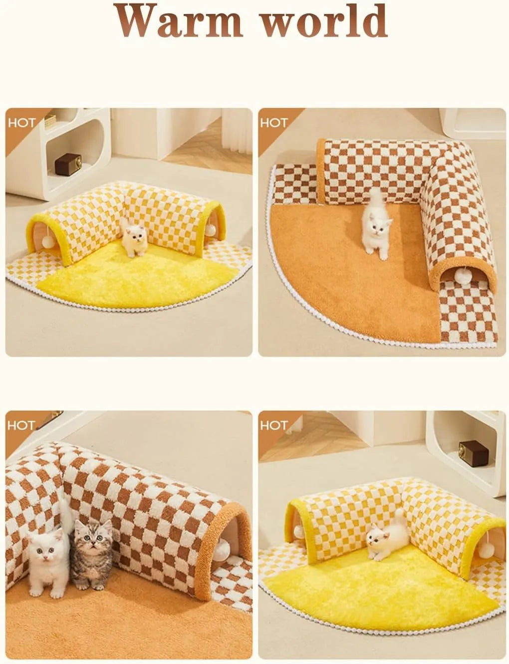 Plush plaid cat tunnel bed with central mat showing collapsible tube structure and non-slip bottom