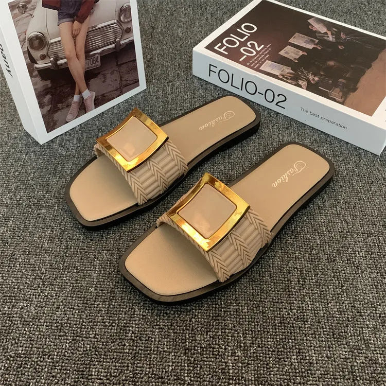 Women's apricot-coloured casual flat slippers with a textured PVC sole.