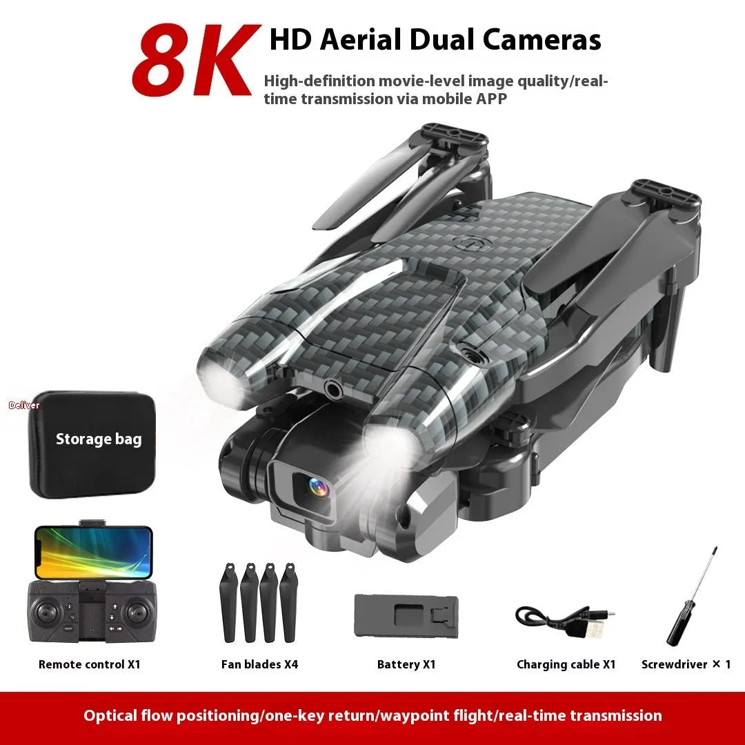 Black S138 carbon fibre folding drone with dual cameras for obstacle avoidance aerial photography