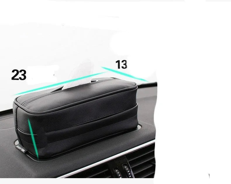 Black leather car hanging storage box with PU strap measuring 23x13x9cm