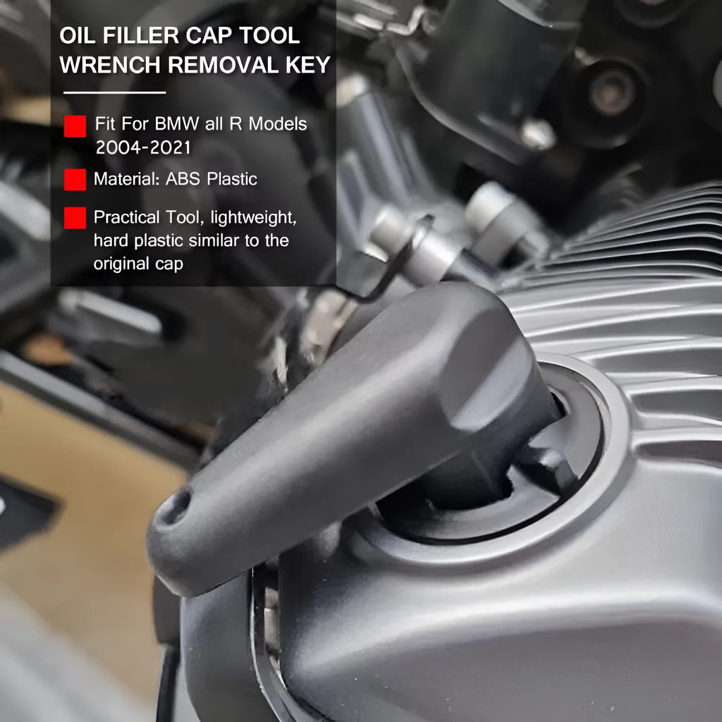 Black nylon quick-release wrench tool for BMW motorcycle oil cap on a white background.