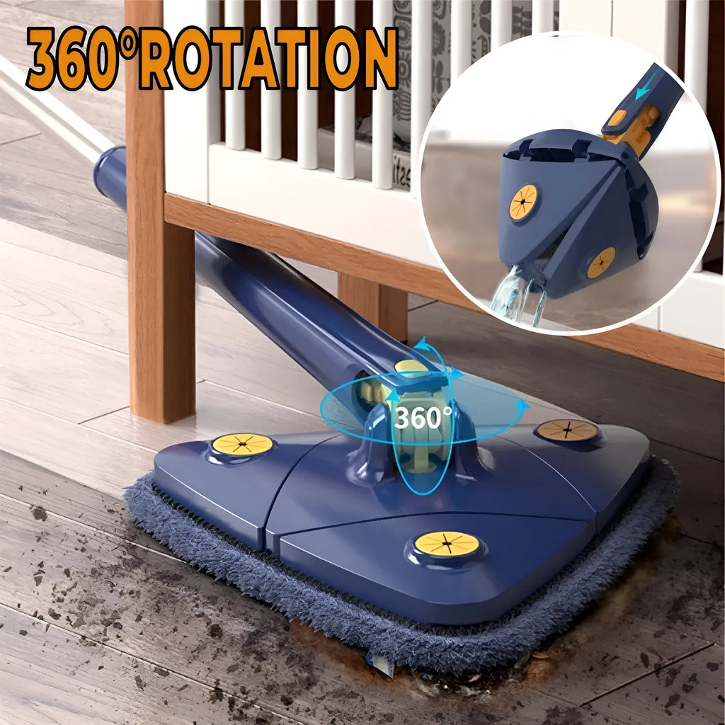 Blue extendable triangle cleaning mop with 360-degree rotating head and stainless steel pole