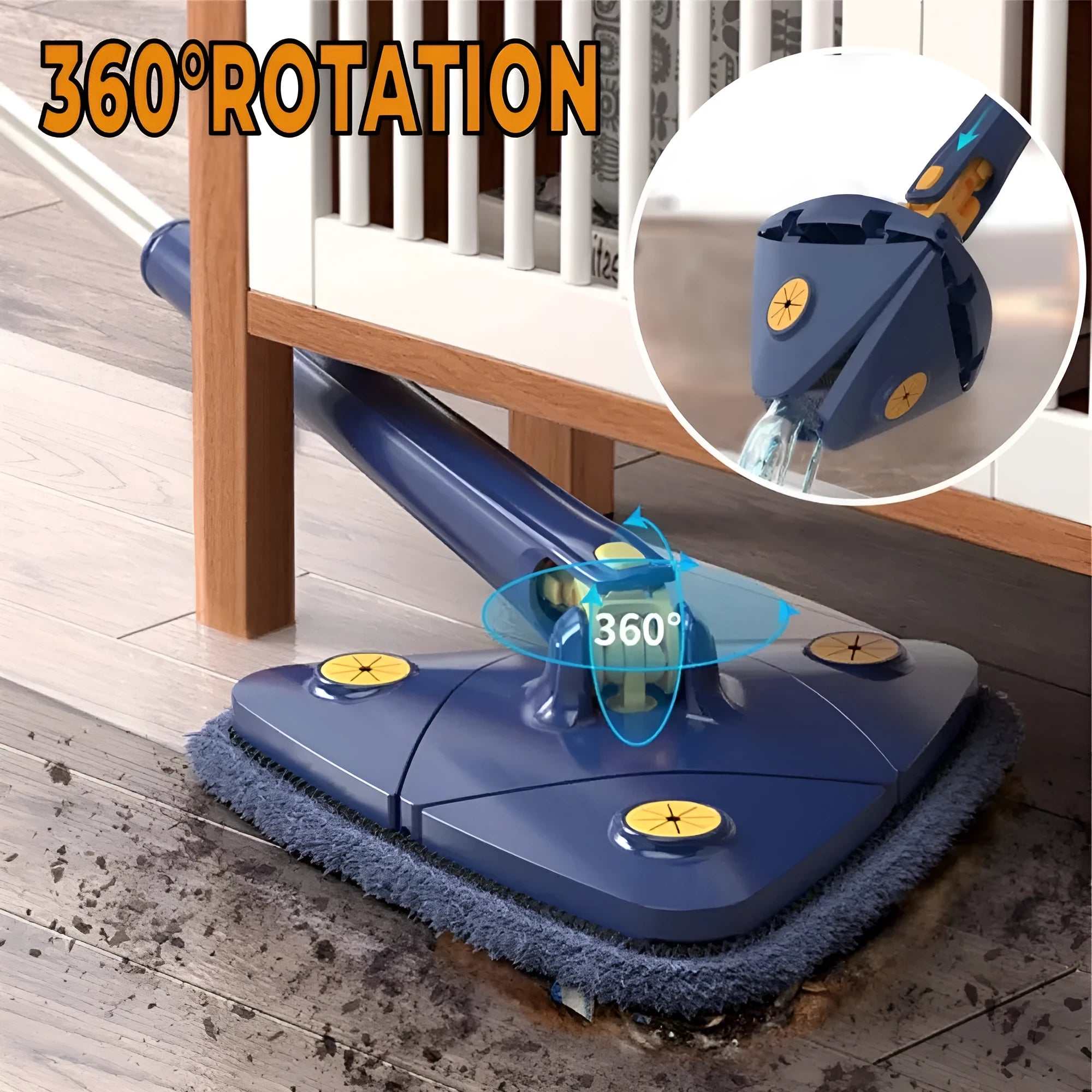 Blue extendable triangle cleaning mop with 360-degree rotating head and stainless steel pole