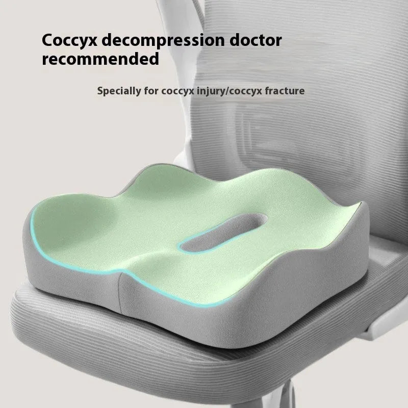 Memory foam waist support seat cushion in blue and grey colour combination on office chair