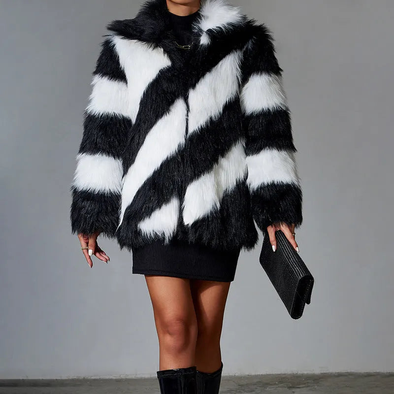Faux fur coat with contrast lapels and fur collar in normal length