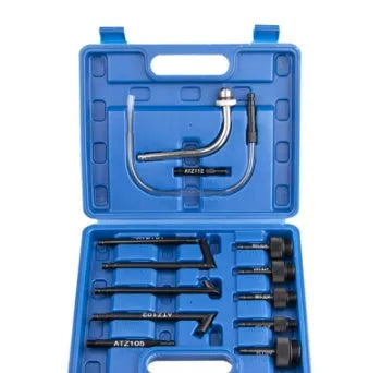 Thirteen-piece transmission oil refuelling kit with pumping mechanism and multiple vehicle connectors