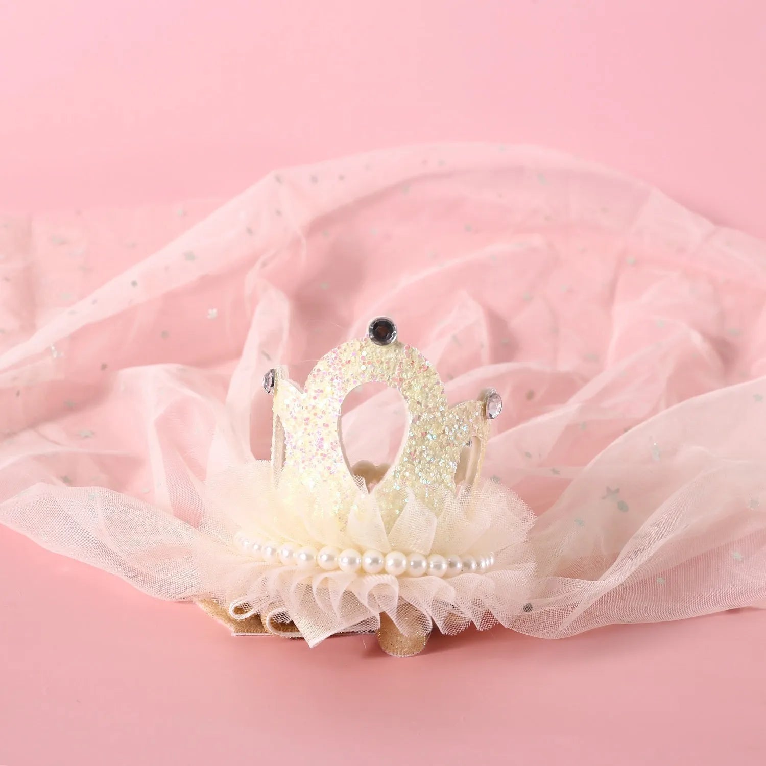 Pet princess crown headdress with beige and pink veil options for cat wedding celebrations
