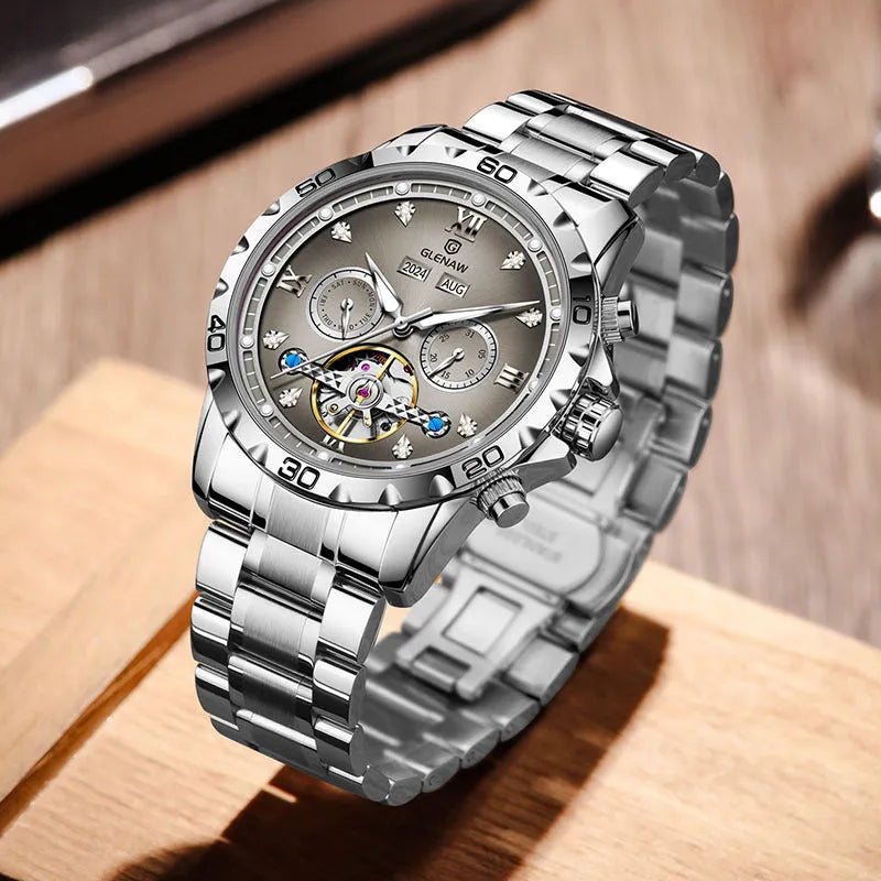 Men's automatic mechanical watch with business styling and stainless steel strap