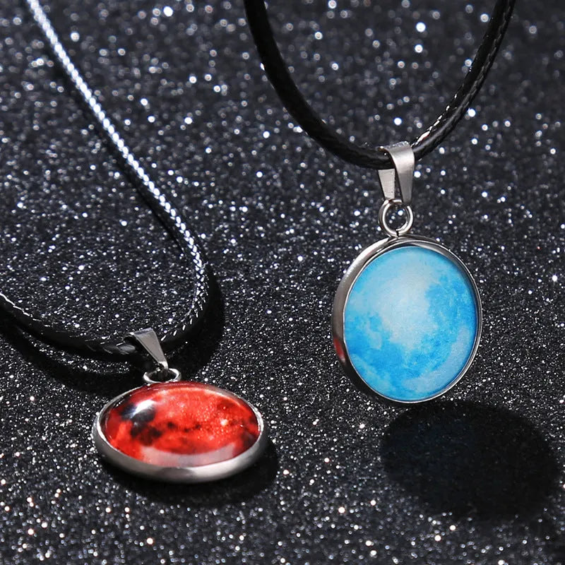Christmas constellation pendant necklace with luminous alloy chain and blue night sky glass pendant.