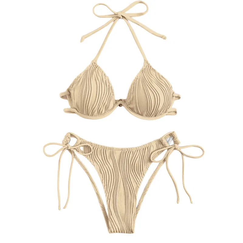 Women's split bikini swimsuit with steel bracket underwire in various colours on a mannequin.