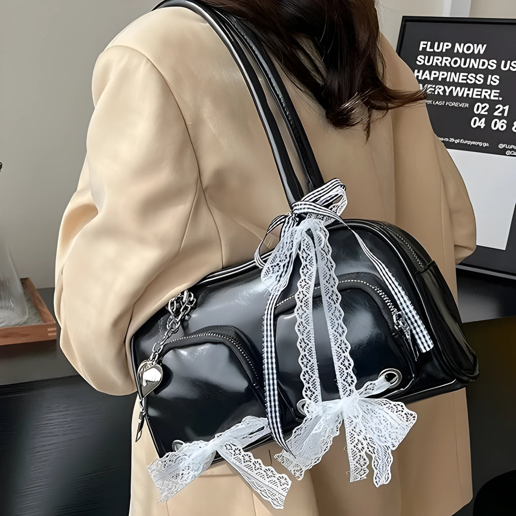 Horizontal square shoulder bag in soft PU material with double straps and internal phone compartment