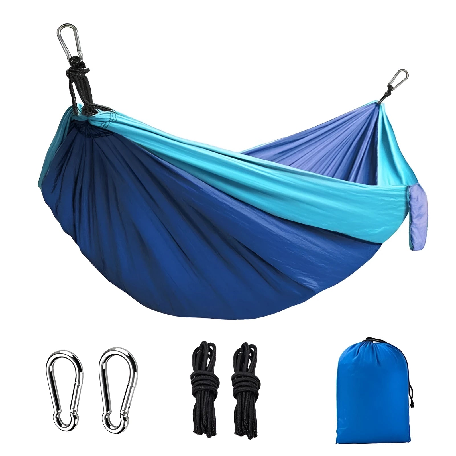 Blue nylon parachute cloth outdoor hammock with 300kg capacity hanging between trees
