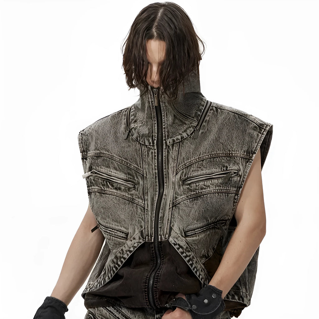 Men's sleeveless denim vest jacket with front zipper closure