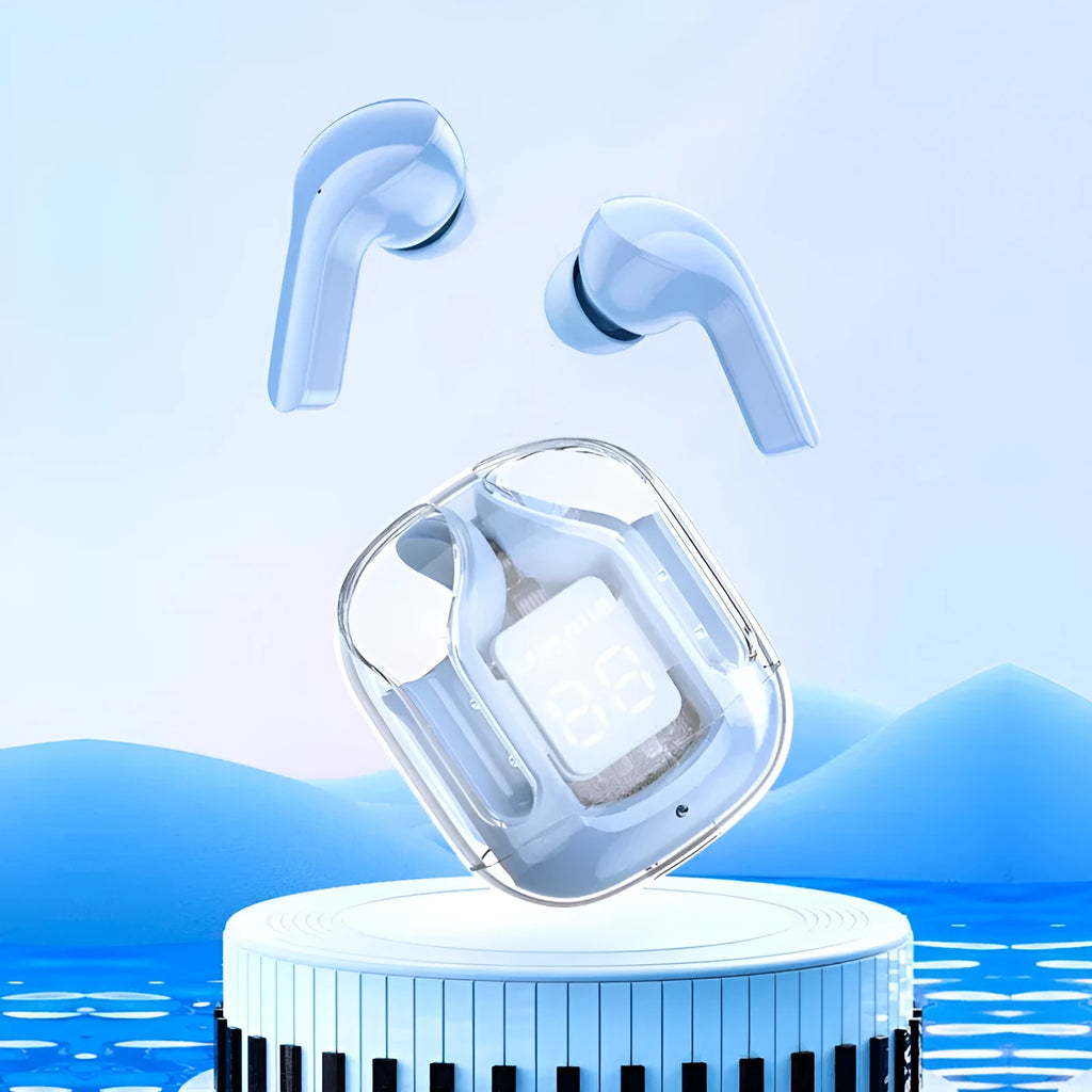 Transparent space capsule case Bluetooth headset with digital display screen showing battery level