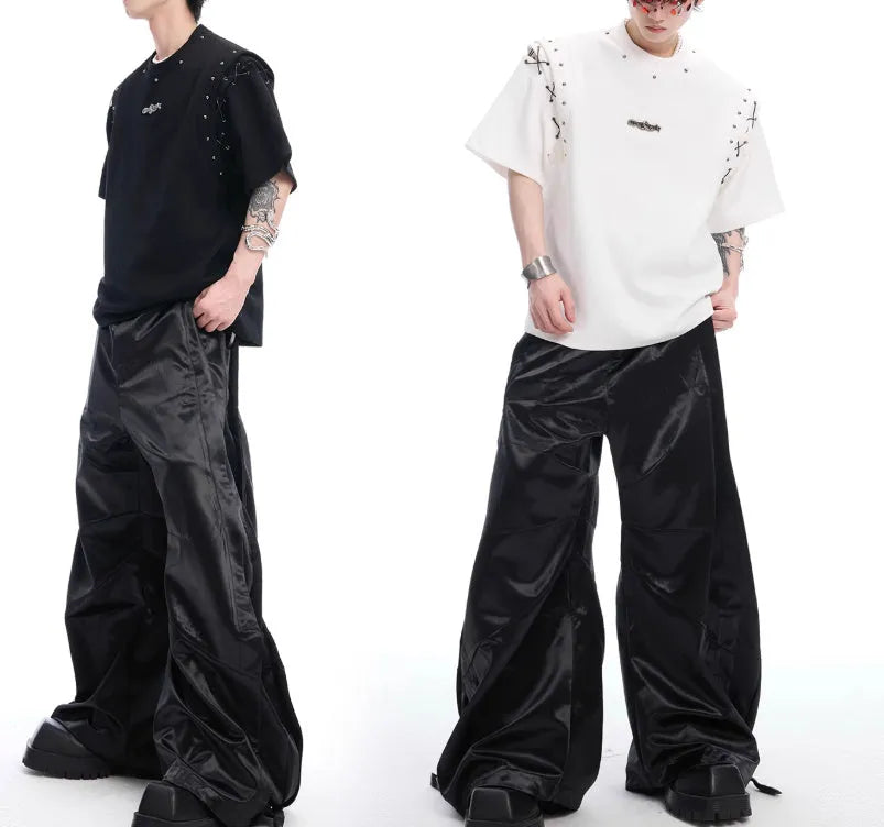 Niche deconstruction lace-up cutout short sleeve T-shirt in black or white cotton-polyester blend