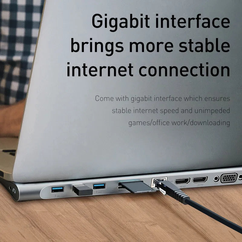 Grey aluminium 10-port docking station with cooling bracket showing HDMI VGA and USB ports