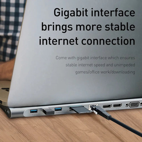 Grey aluminium 10-port docking station with cooling bracket showing HDMI VGA and USB ports