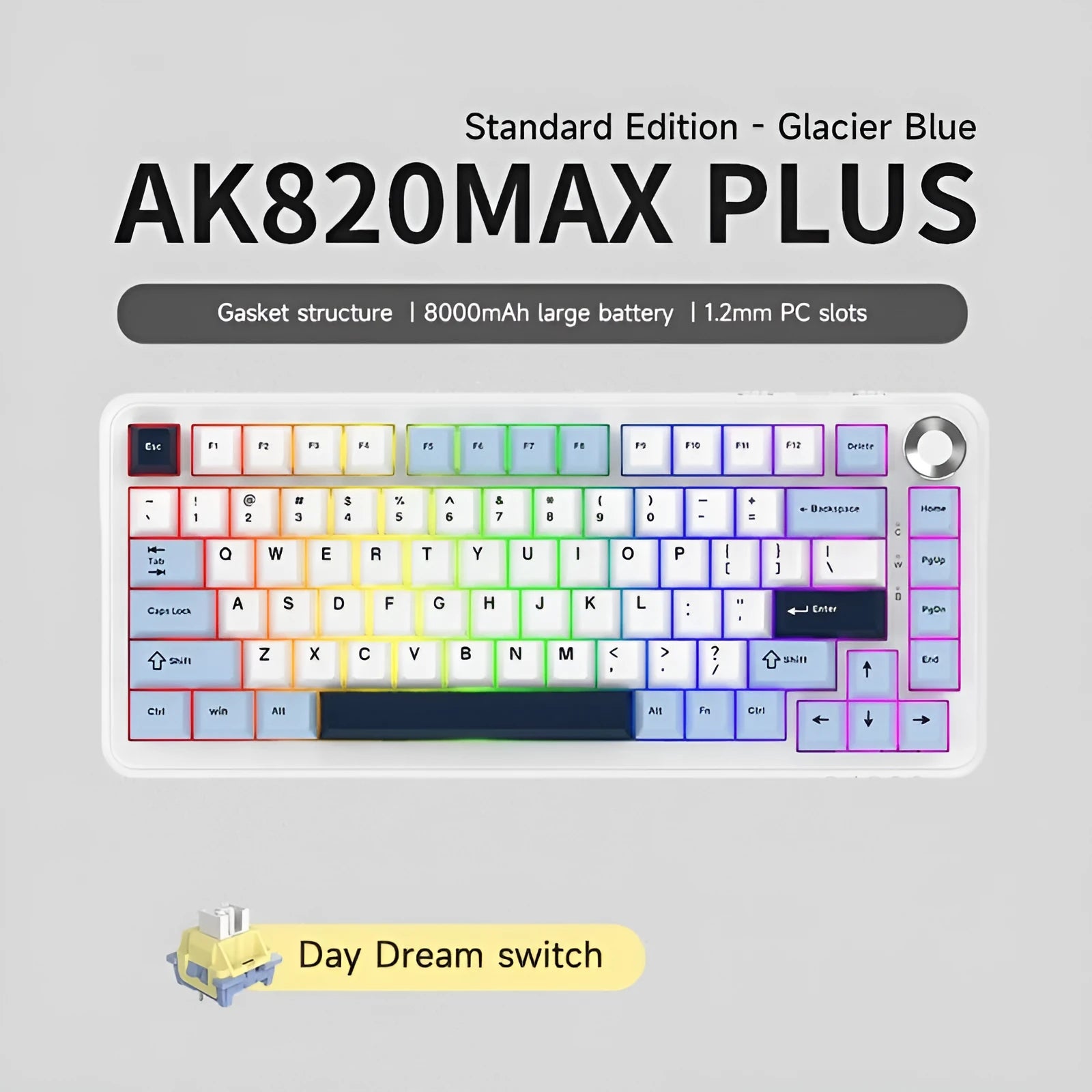 Three-mode wireless mechanical keyboard with PBT keycaps in black, grey and yellow colours