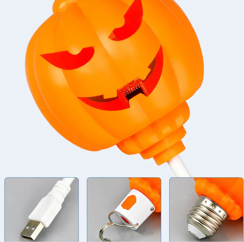 Pumpkin shaped lamp with purple or yellow light option, USB charging, 22cm tall Halloween decoration