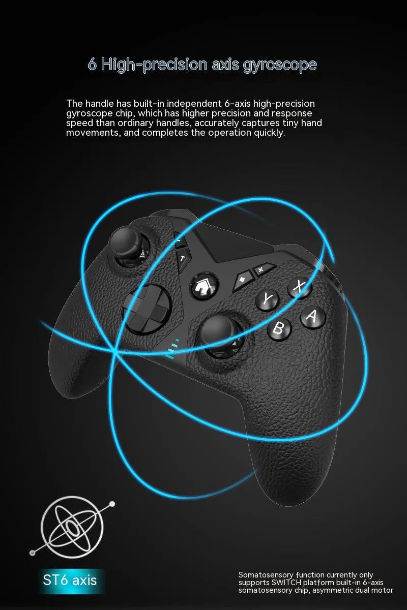 Black wireless game controller with textured grip for Nintendo, smartphone, and PC use