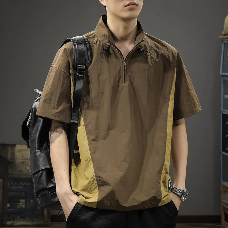 Brown men's half-zip stand collar short sleeve shirt in a loose fit