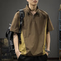 Brown men's half-zip stand collar short sleeve shirt in a loose fit