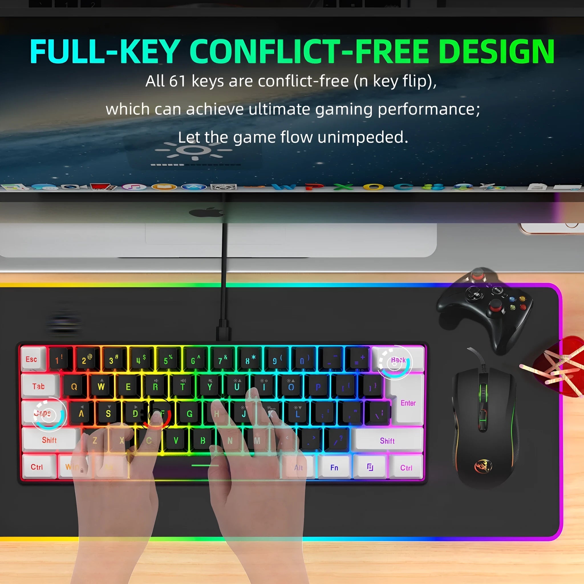 White and black wired USB gaming keyboard and mouse suit with colour backlighting on a desk.