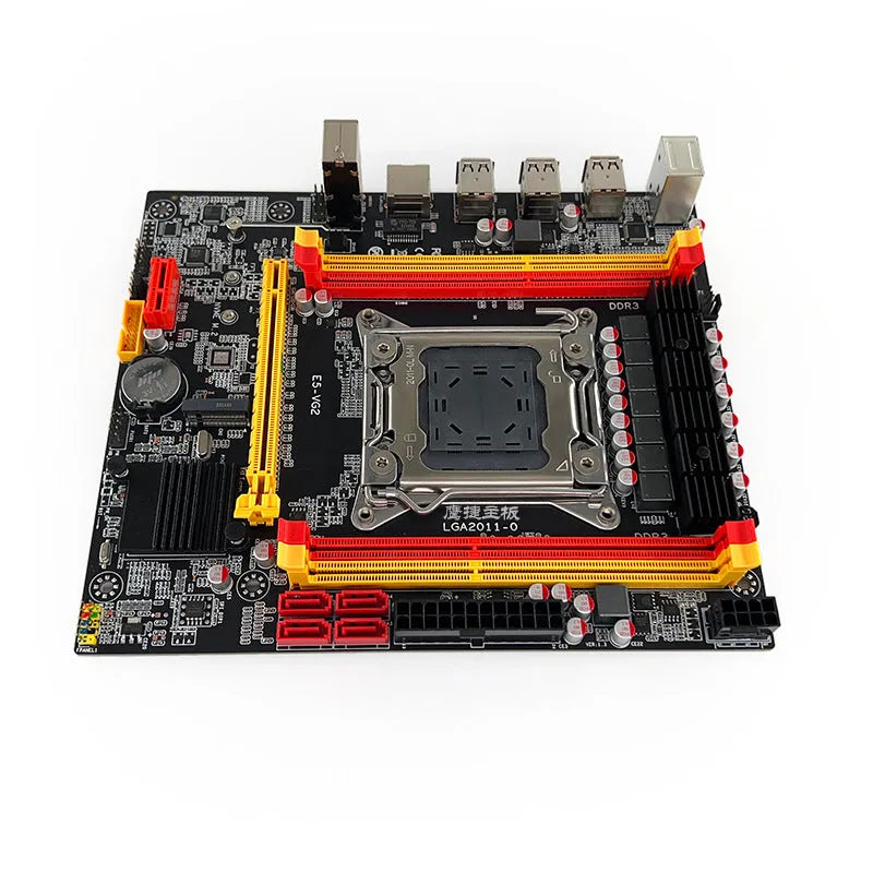 X79-VG2 desktop ATX motherboard showing LGA 2011 socket, PCIe 16X slot, DDR3 slots, and M.2/SATA connectors.