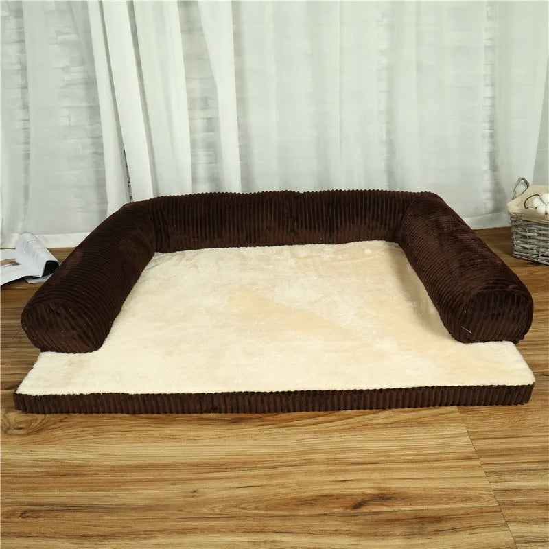 Corduroy pet sofa dog bed in grey colour with non-slip base, shown in a Large size.