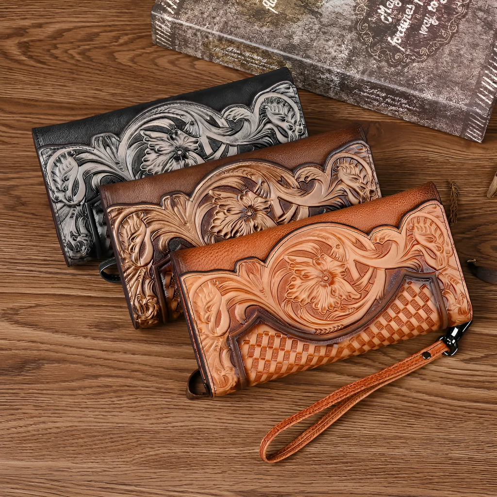 Brown genuine leather women's tri-fold wallet with embossed floral pattern showing interior compartments