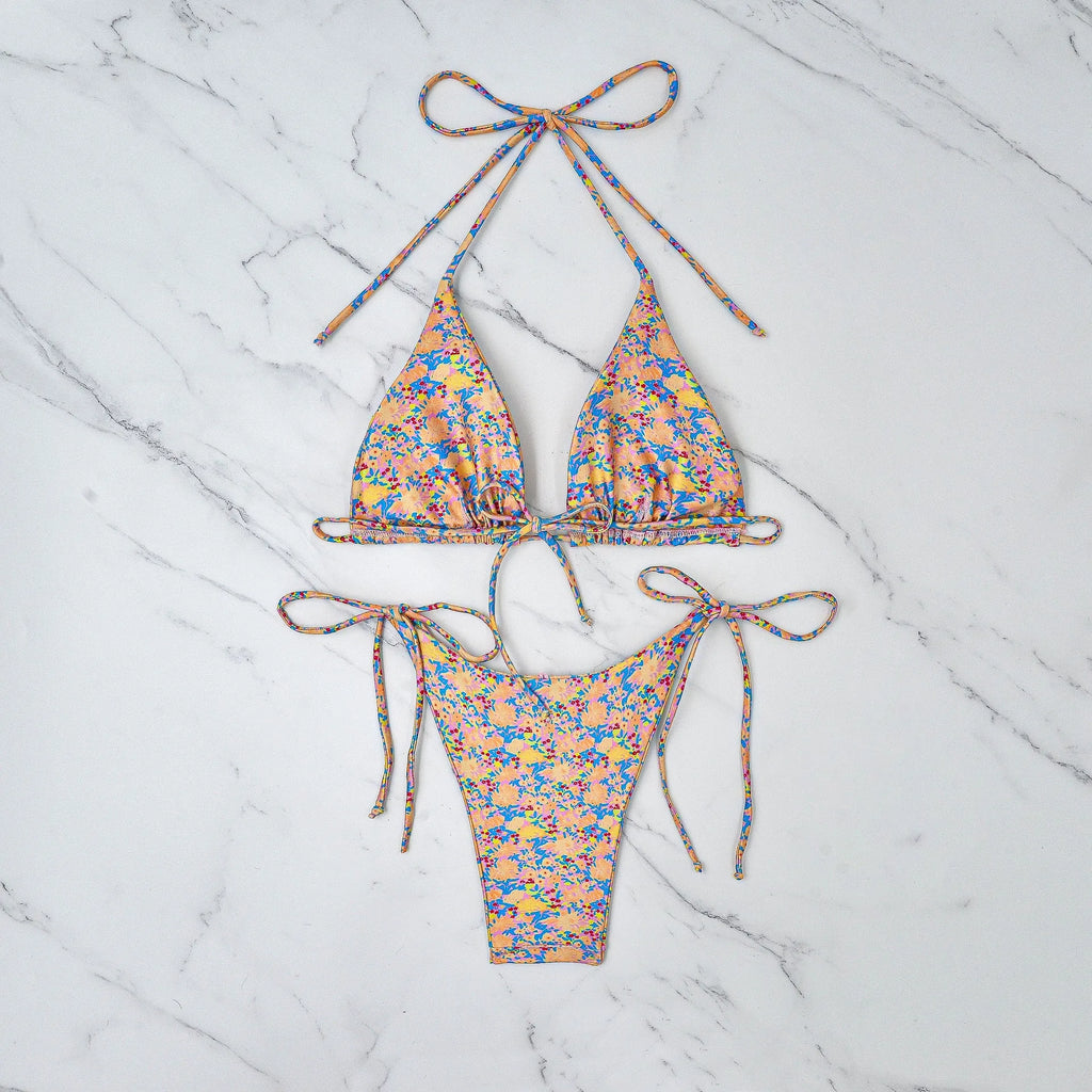 Lace-up bikini swimsuit with European American brief style and polyester fabric construction