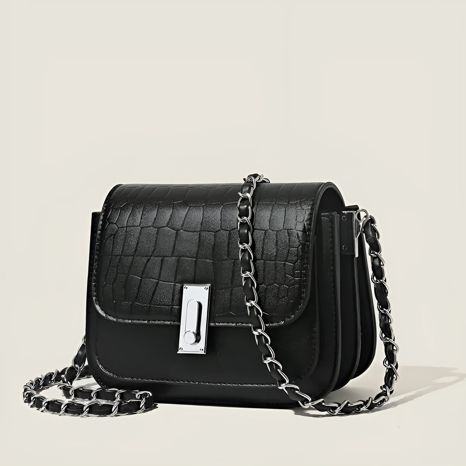 Women's black PU leather shoulder bag with chain strap showing internal phone pocket
