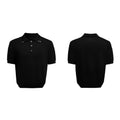 Men's black short sleeve shirt with a double lapel collar and loose fit.