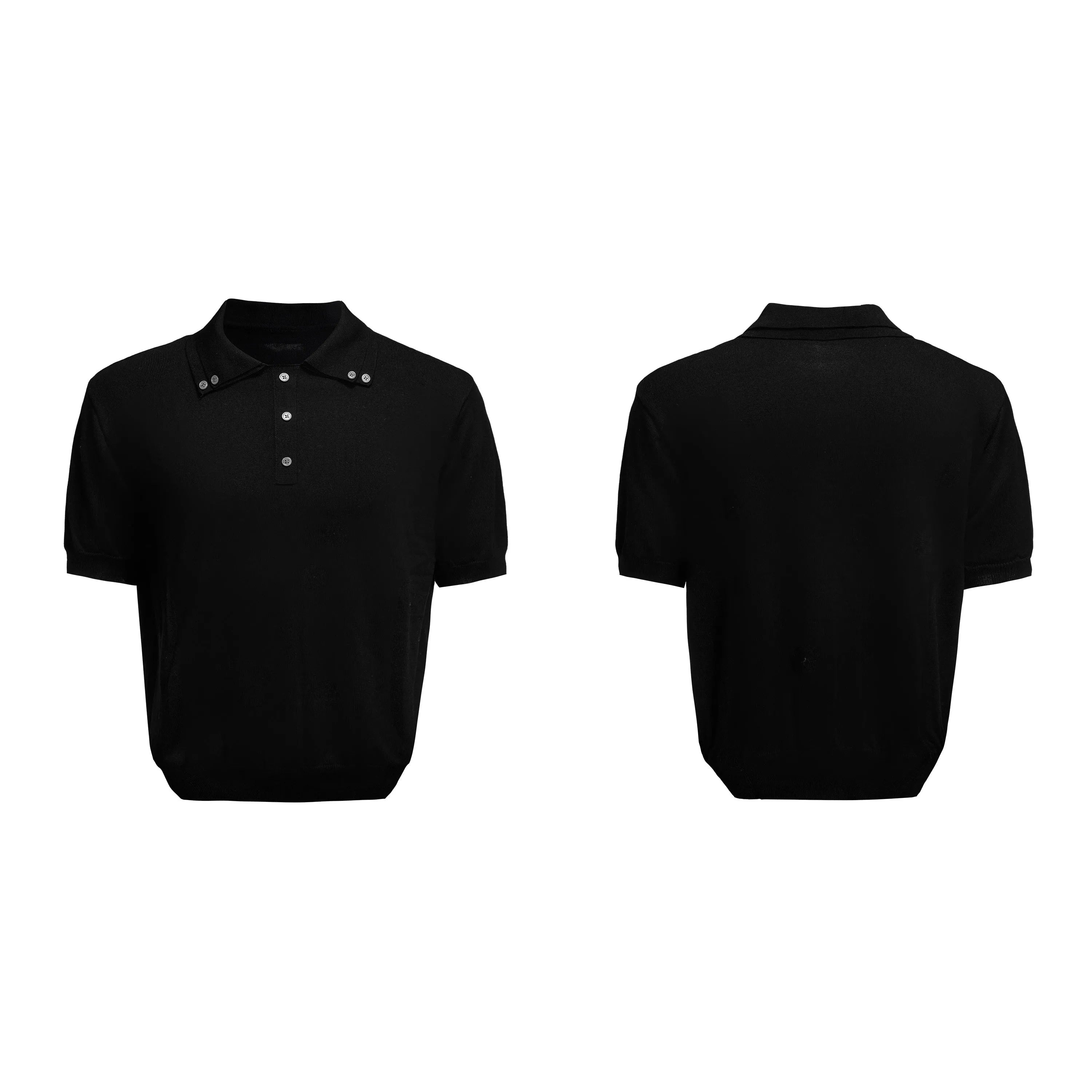 Men's black short sleeve shirt with a double lapel collar and loose fit.