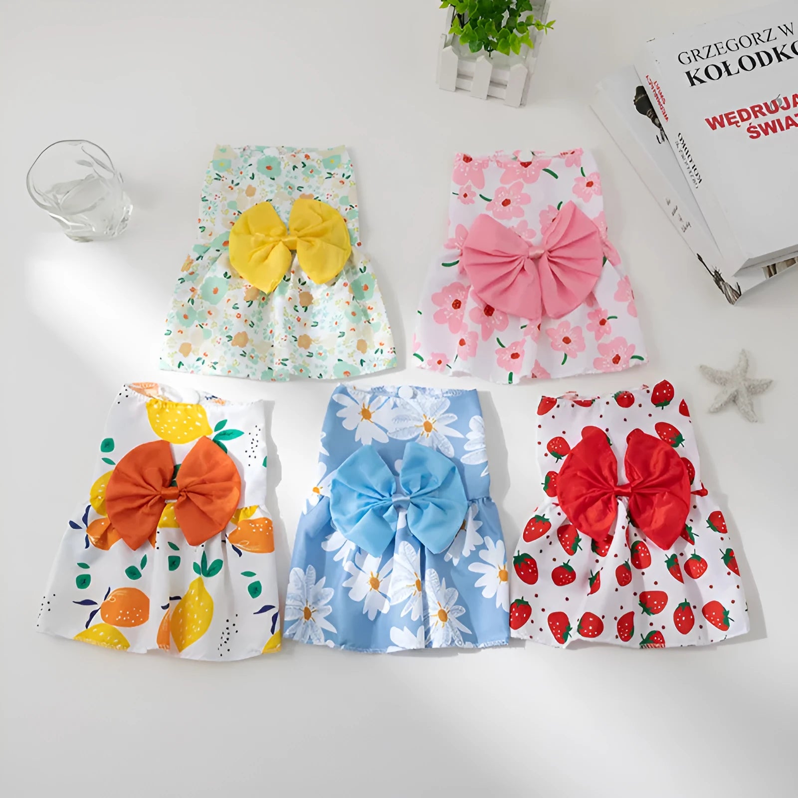 Ultra-thin summer pet dress with floral butterfly princess styling and decorative knot details