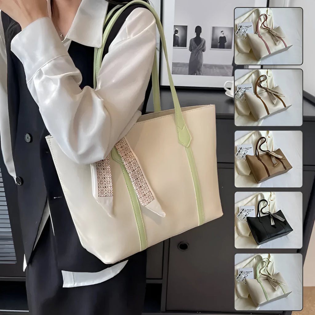 Women's large capacity soft tote bag with crossbody strap showing zipper compartment interior
