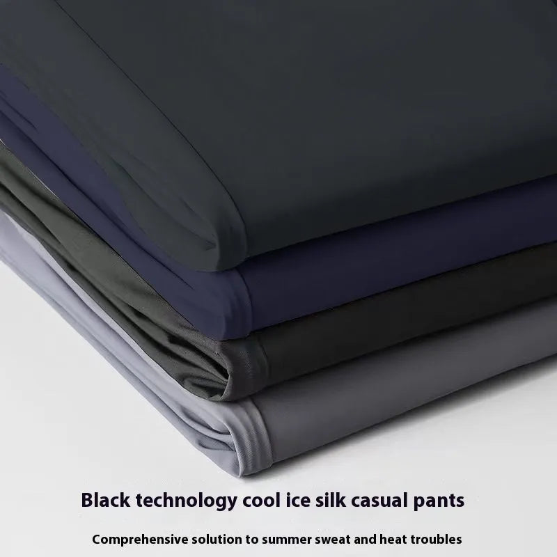 Men's ice silk straight loose trousers in black with elastic open waistband shown folded