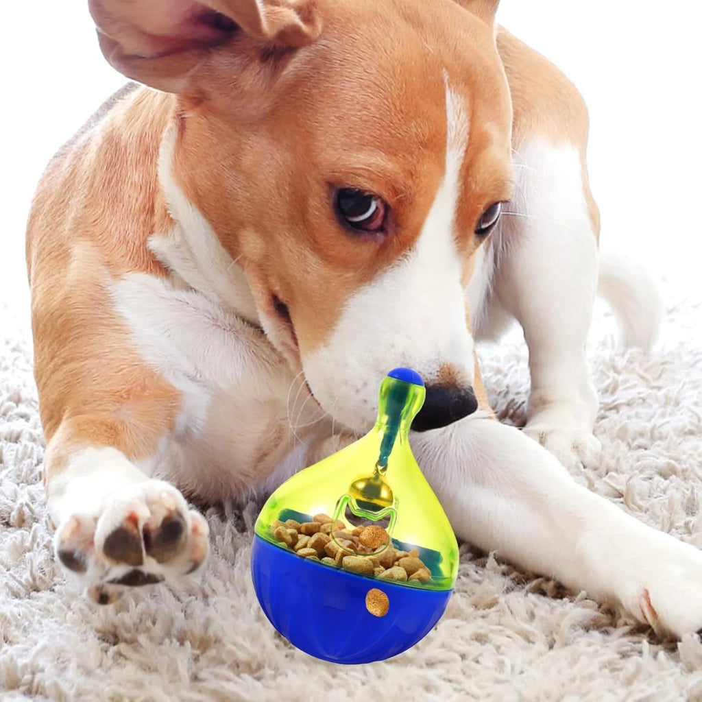 Blue pet treat dispenser tumbler toy for dogs and cats with interactive food puzzle design