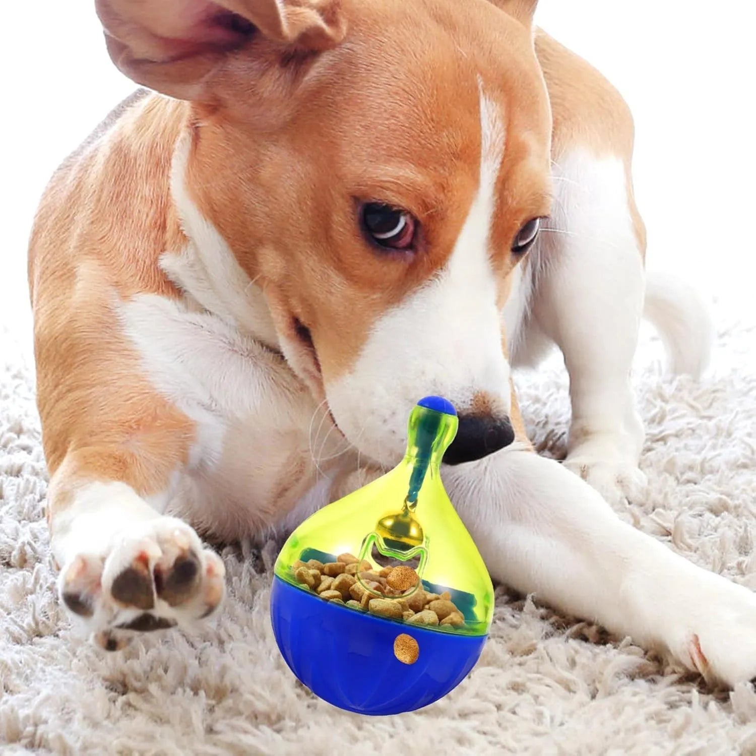 Blue pet treat dispenser tumbler toy for dogs and cats with interactive food puzzle design