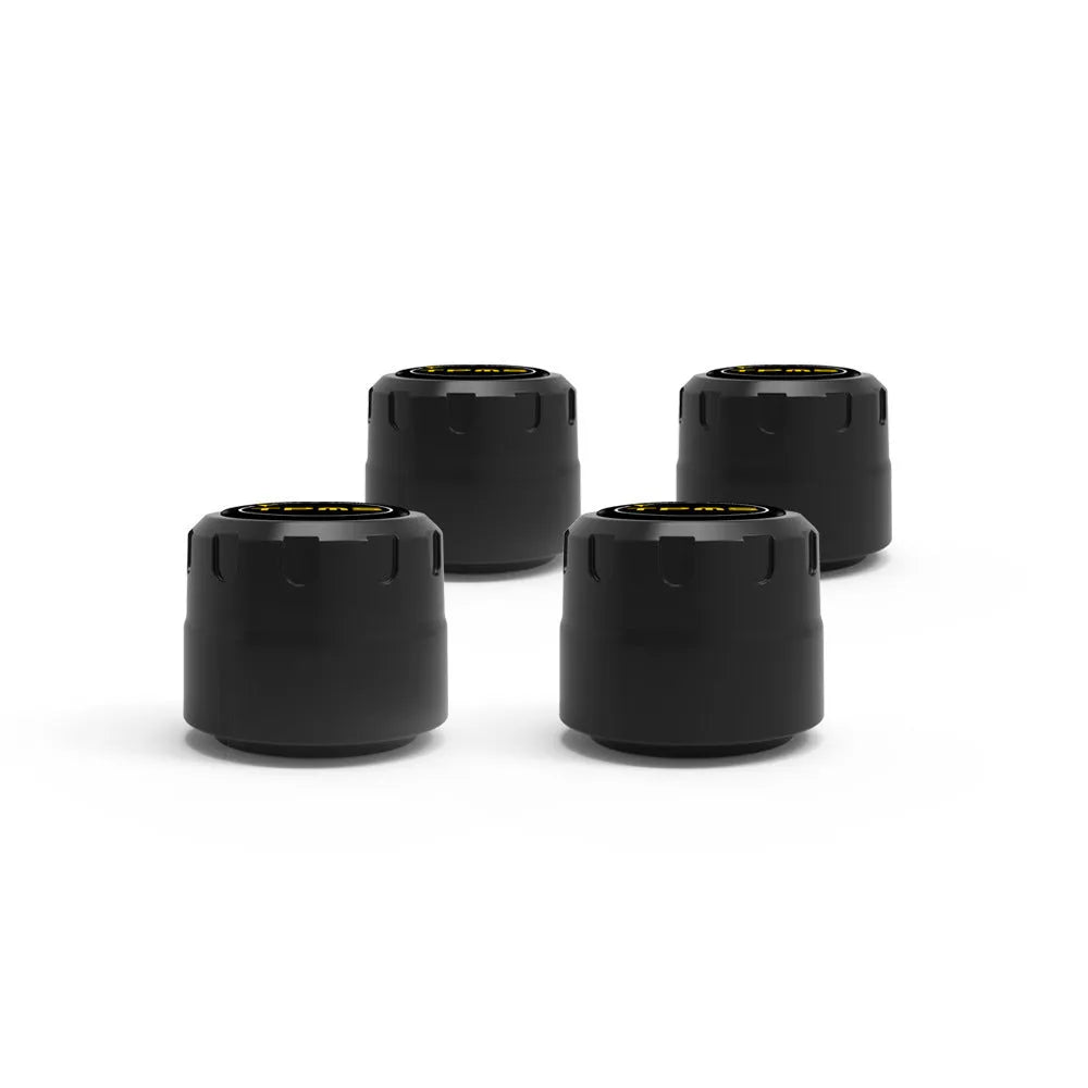 Bluetooth 5.0 automotive tyre pressure monitor with four black sensors and installation tools