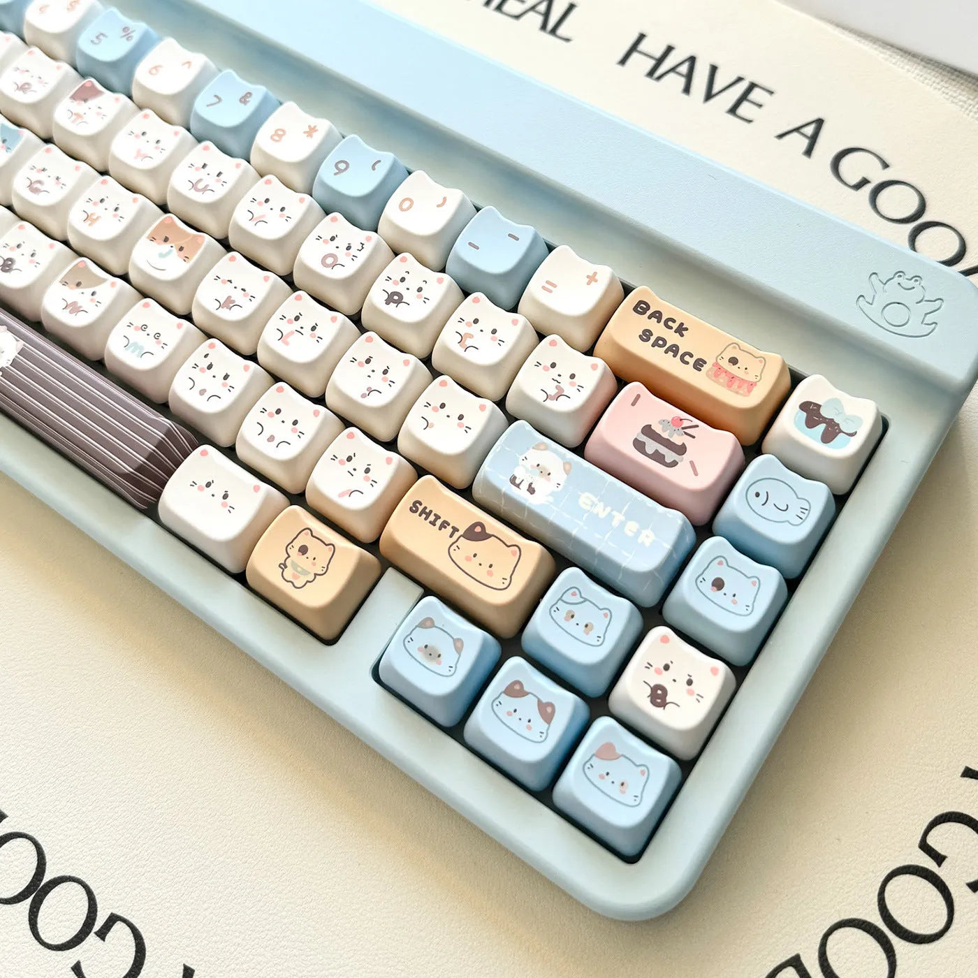High Sea Salt Cat themed PBT keycap set with sublimation printing showing nautical cat design