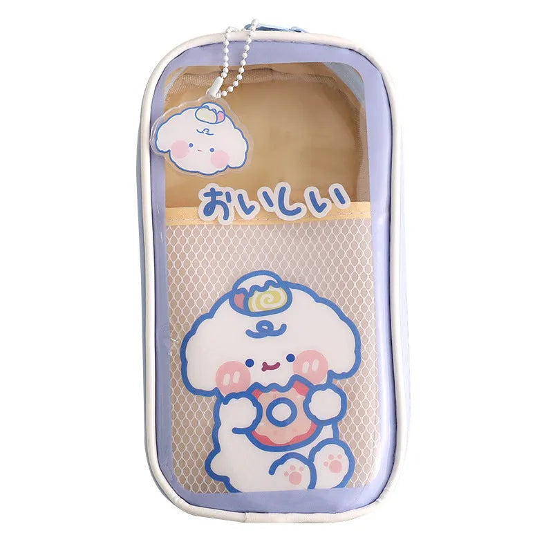 Transparent PVC pencil case with cartoon bear design showing pens inside
